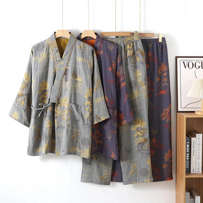 Men's Cotton Kimono Robe and Pajama Set