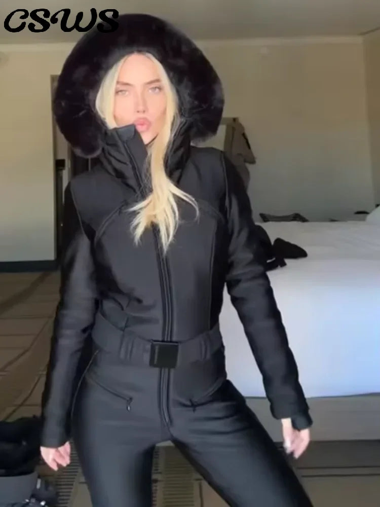 Faux Fur Hooded Women's Ski Jumpsuit with Zippers