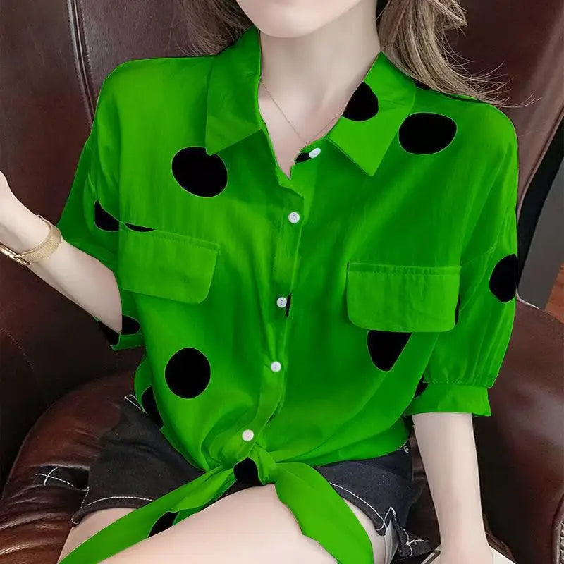 Polka Dot Chiffon Shirt for Women with Lace-Up Detail