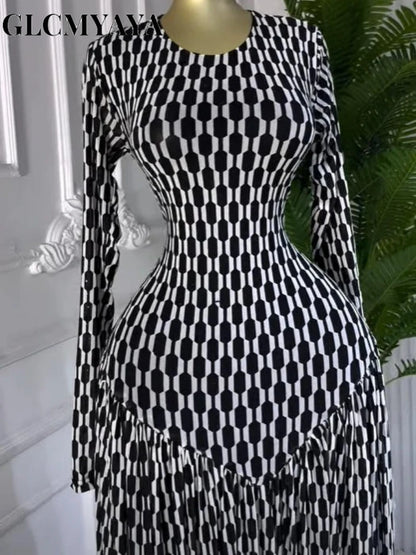 Women Plaid Long Sleeve Maxi Dress Polyester A-Line
