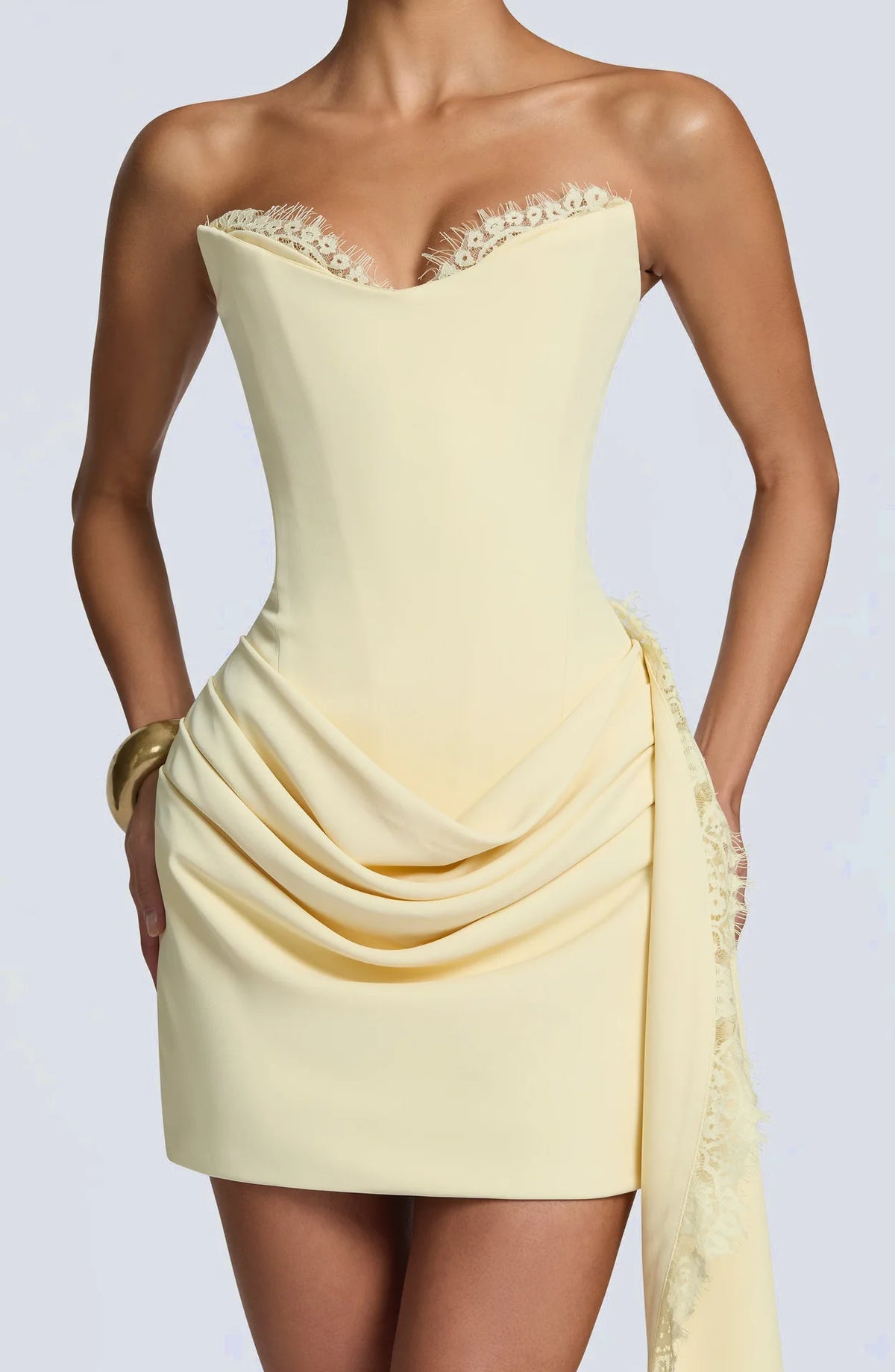 Women Strapless Lace Trim Bodycon Dress