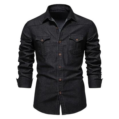 Elastic Cotton Denim Shirt Men Long Sleeve Casual