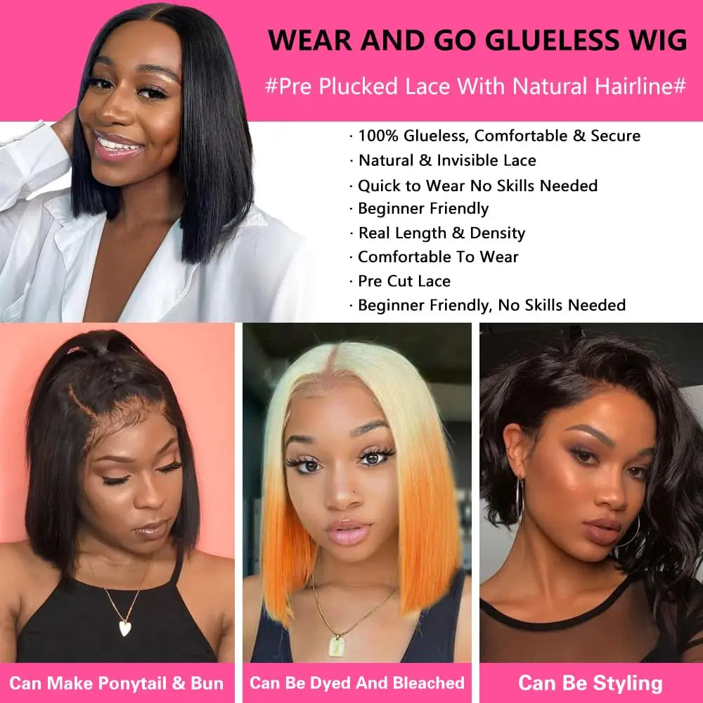 Glueless Human Hair Bob Straight Lace Front Wig