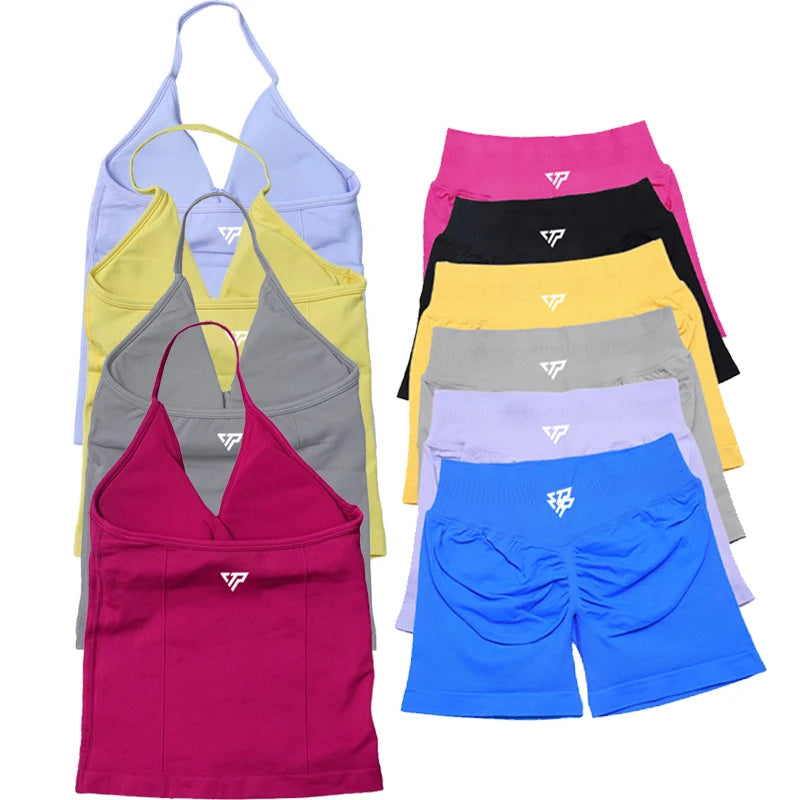 Seamless Lace-Up Bra and Shorts Yoga Set for Women