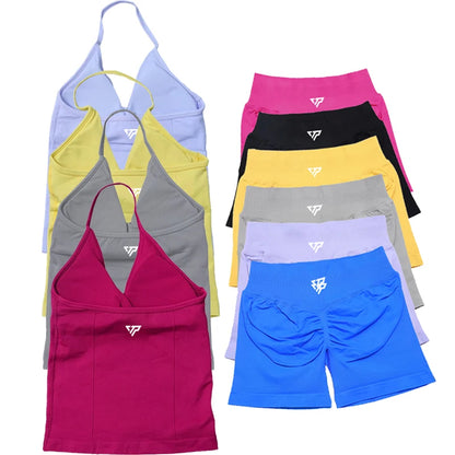 Seamless Lace-Up Bra and Shorts Yoga Set for Women
