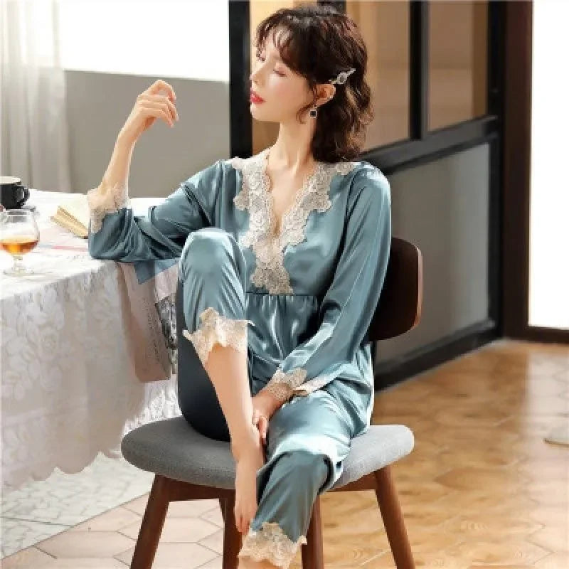 Girls' Long-Sleeved Lace Green Silk Pajamas Set