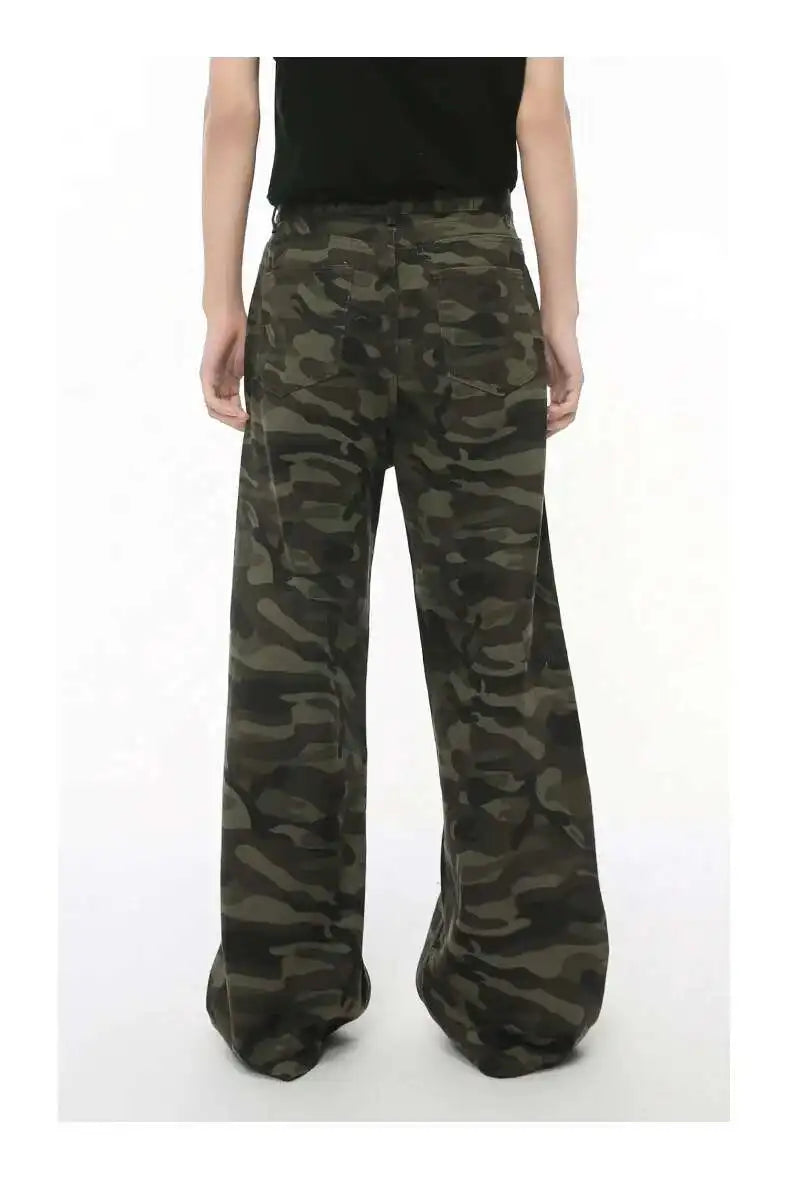 IEFB Vintage Camouflage Men's Loose Denim Jeans Old Blue