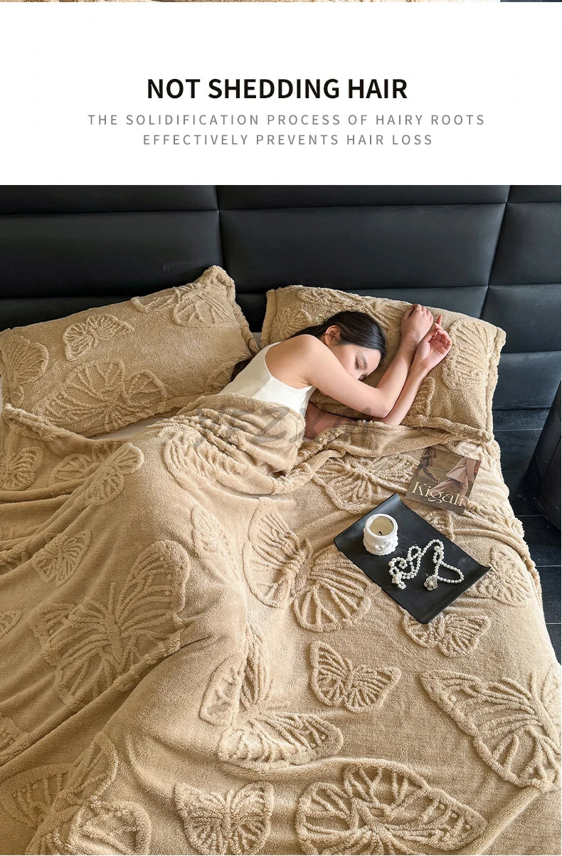 Coral Fleece Autumn Blanket with 3D Butterflies