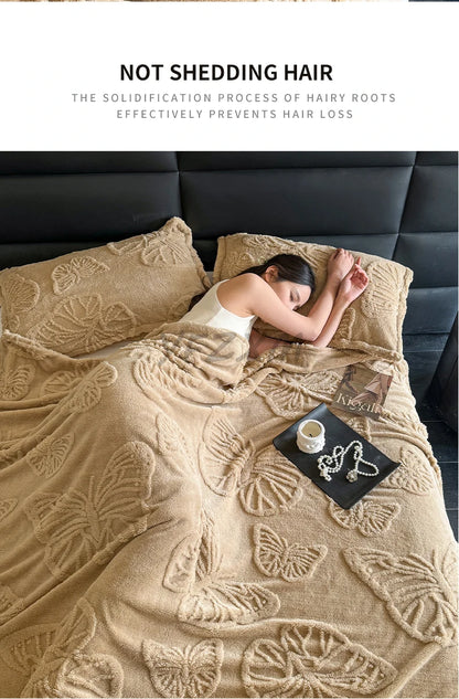 Coral Fleece Autumn Blanket with 3D Butterflies