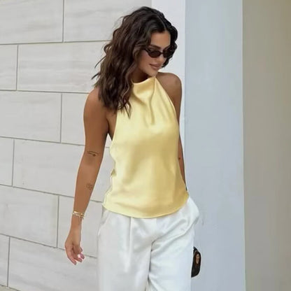 Halter Satin Backless Corset Top for Women in Yellow Pink Black
