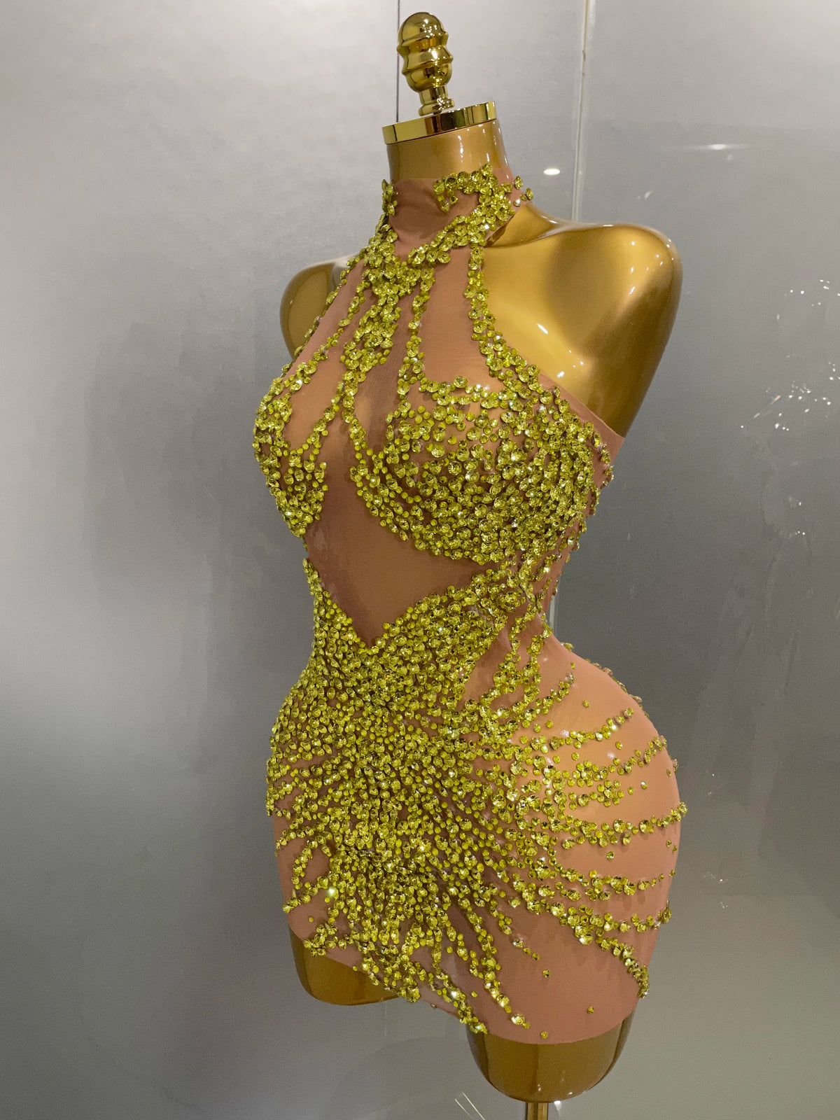 Sparkly Rhinestones Mesh See Through Dress for Women