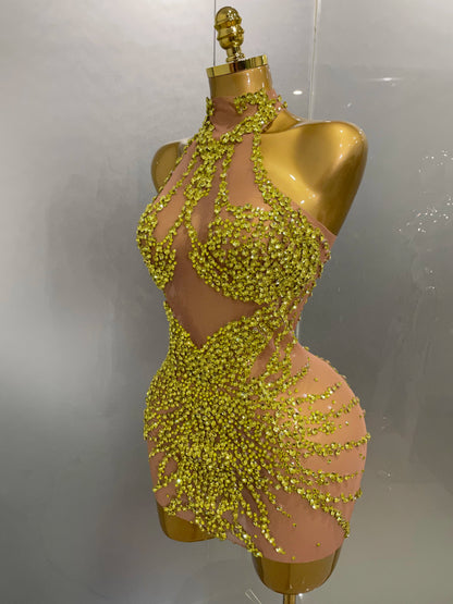 Sparkly Rhinestones Mesh See Through Dress for Women