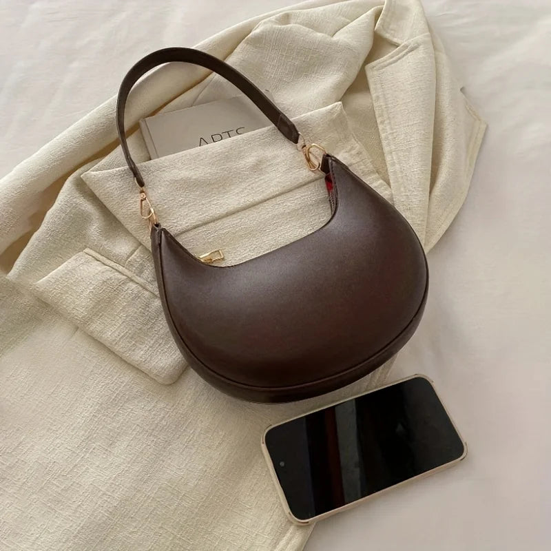Women's Moon-shaped PU Shoulder Bag with Sequined Detail