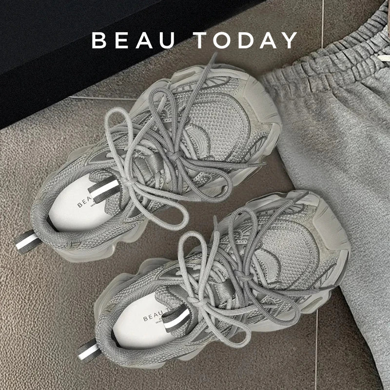 Chunky Sneakers Women Synthetic Leather Mesh Lace-up Trainers