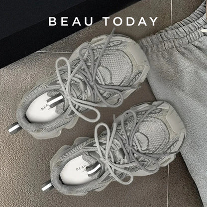 Chunky Sneakers Women Synthetic Leather Mesh Lace-up Trainers