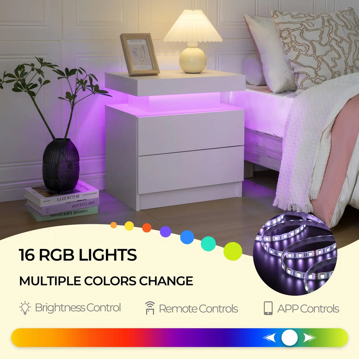 Cubehom White LED Nightstand with 2 Drawers