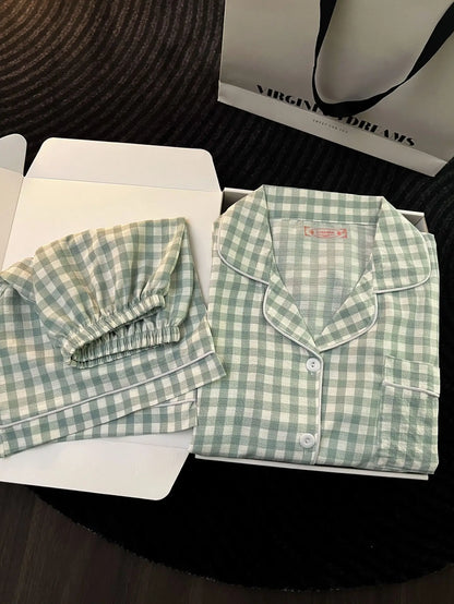 Japanese Minimalist Women's Pink Plaid Pajamas