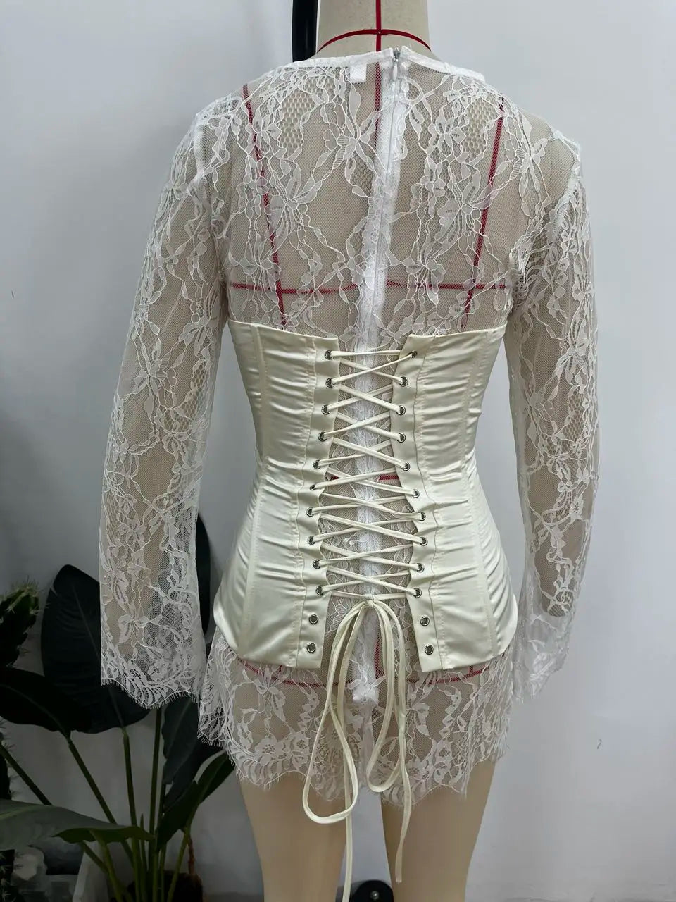 Lace Mini Dress for Women with Corset and Long Sleeves