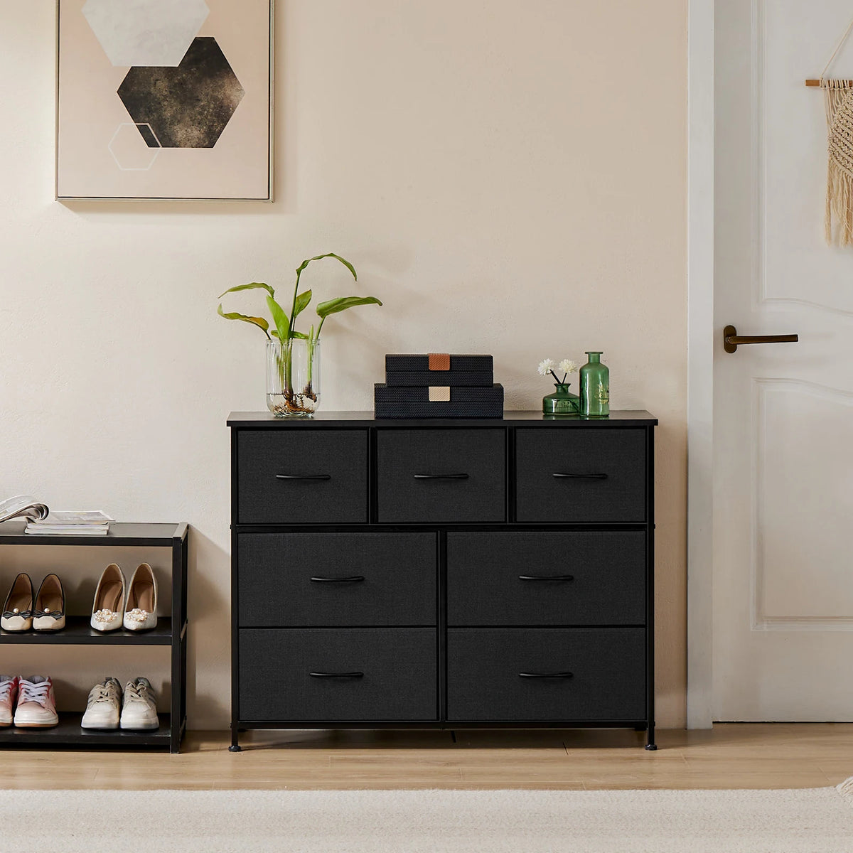 JHK Modern Wooden Dresser with 7 Fabric Drawers