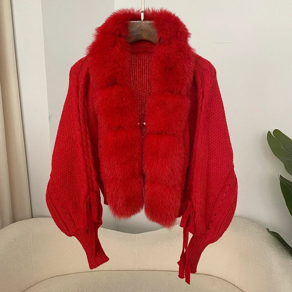 Knitted Cardigan Coat for Women with Real Fox Fur