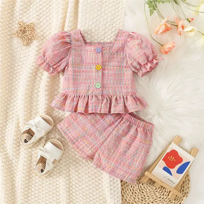 Summer Baby Girl Cotton Plaid Bubble Sleeve Set