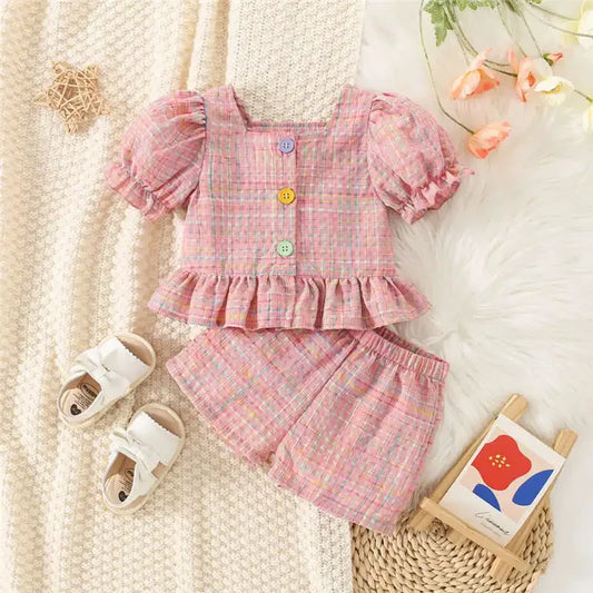 Summer Baby Girl Cotton Plaid Bubble Sleeve Set