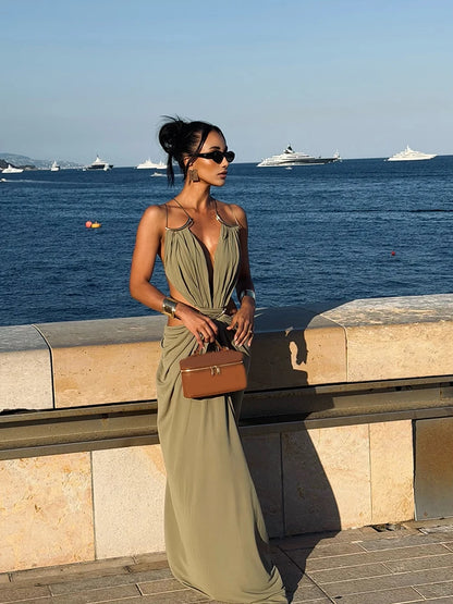 Women's Spaghetti Strap Maxi Dress with Deep V Cutout