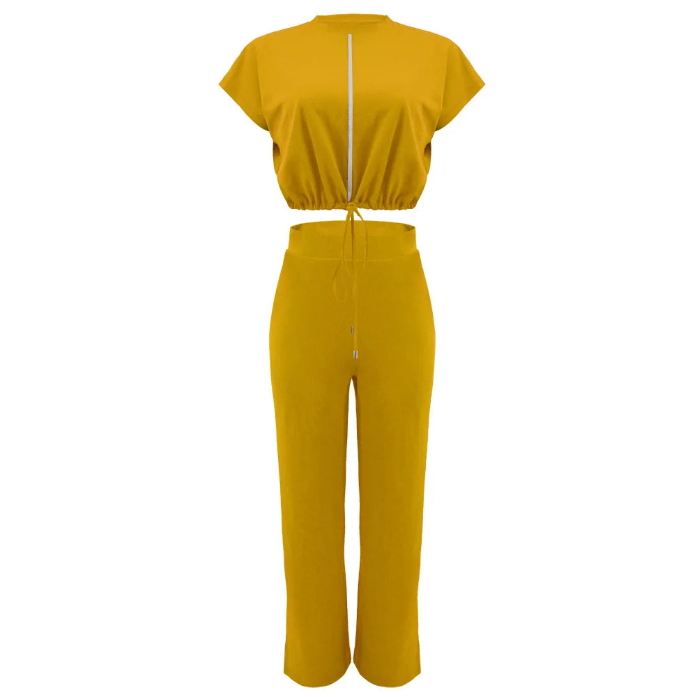Women Casual Short Sleeve Drawstring Top and High Waist Pants Set