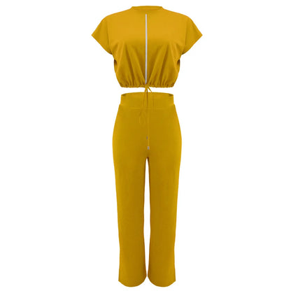 Women Casual Short Sleeve Drawstring Top and High Waist Pants Set