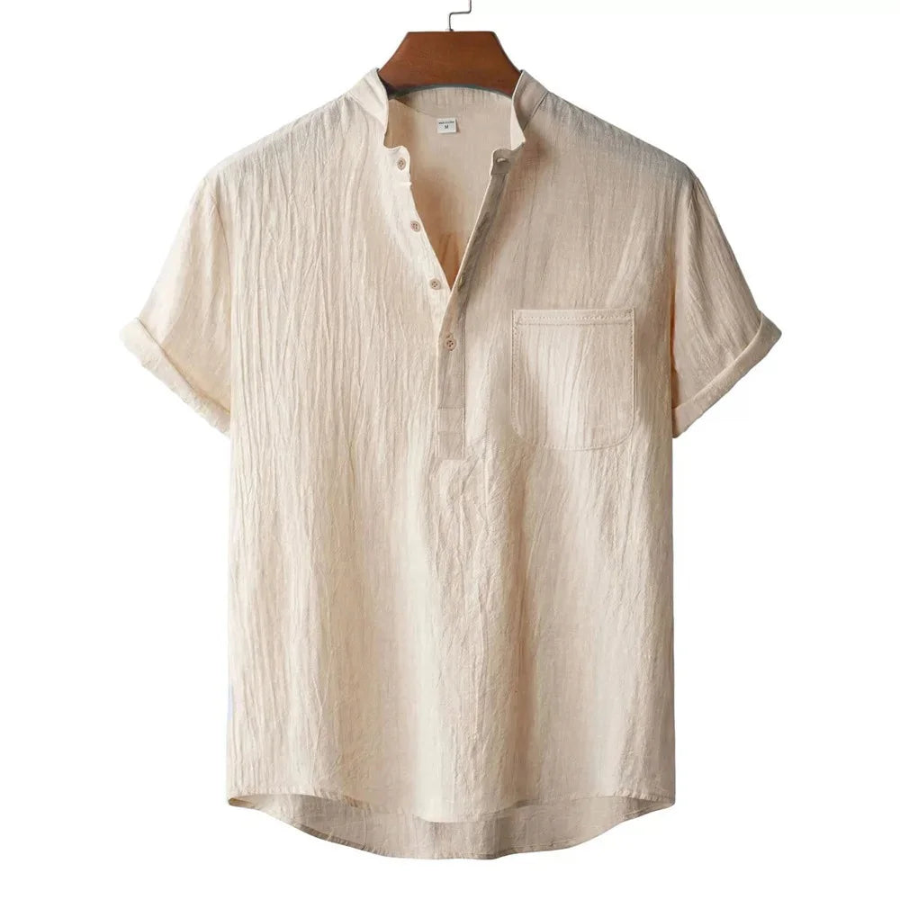 Men's Cotton Linen Short Sleeve T-Shirt Casual Beach Top