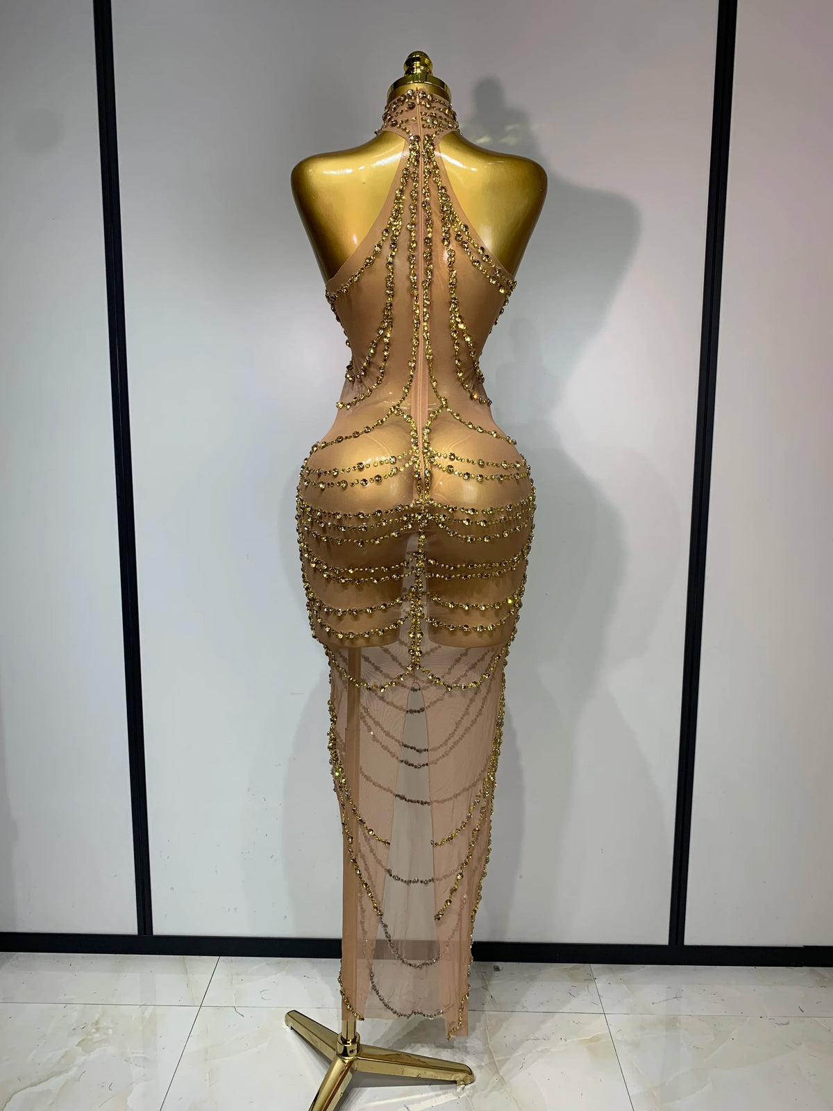 Sparkly Rhinestone Transparent Mesh Long Dress