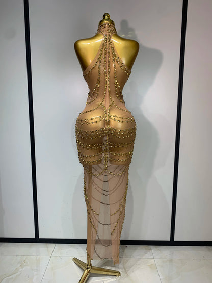 Sparkly Rhinestone Transparent Mesh Long Dress