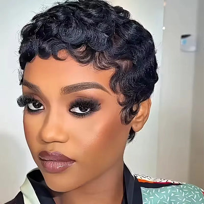 Short Layered Curly Pixie Cut Wig Natural Black