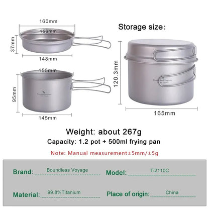 Titanium Pot Pan Set with Folding Handles for Camping