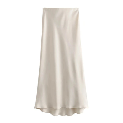 Vintage Satin Solid Long Skirt Women High Waist