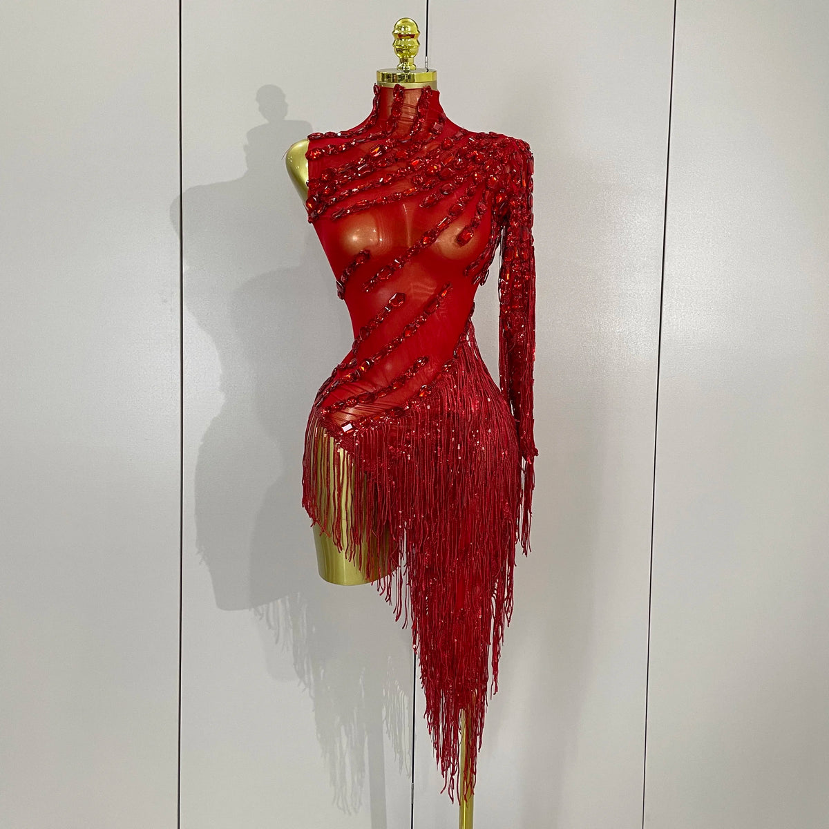 Sparkly Rhinestones One Shoulder See-Through Dress