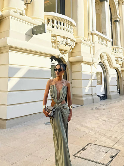 Women's Spaghetti Strap Maxi Dress with Deep V Cutout