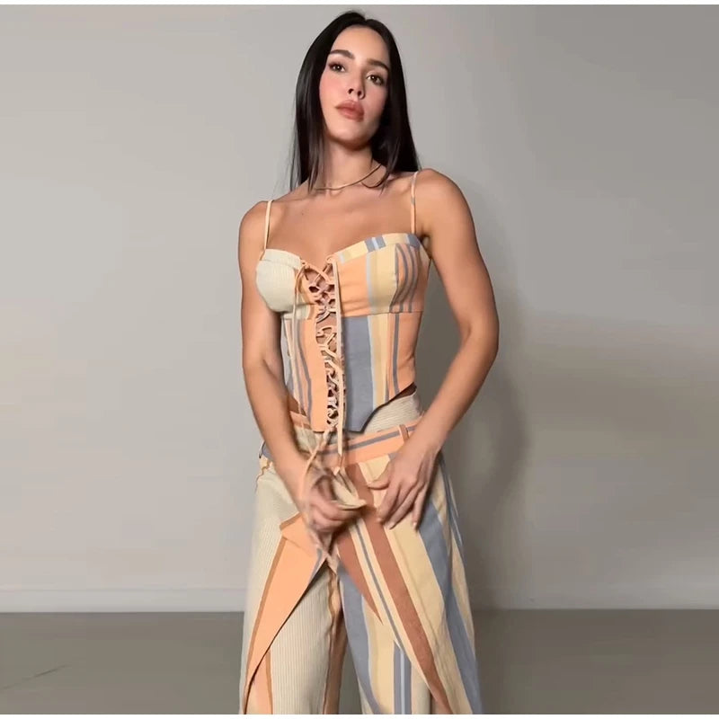Corset Cami Two Piece Set with Pleated Wide Leg Pants