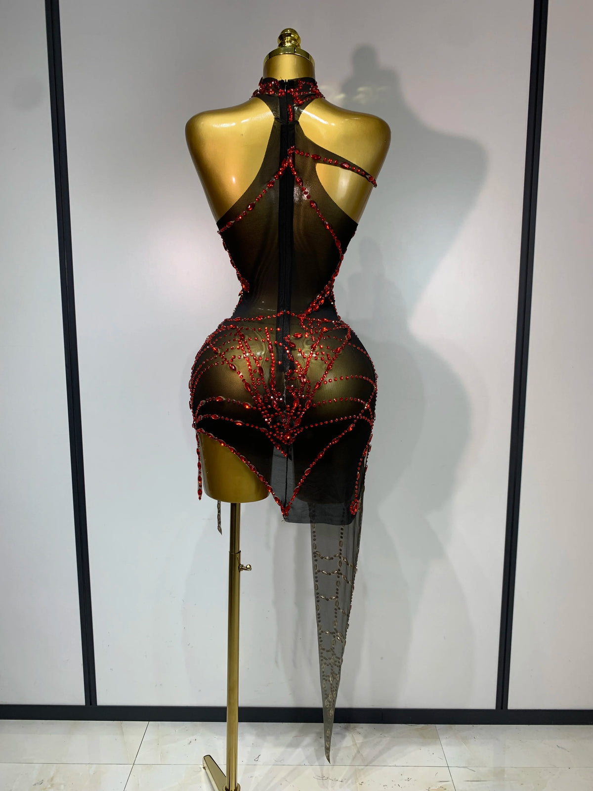 Black Mesh Crystal Diamond Bodycon Dress for Women