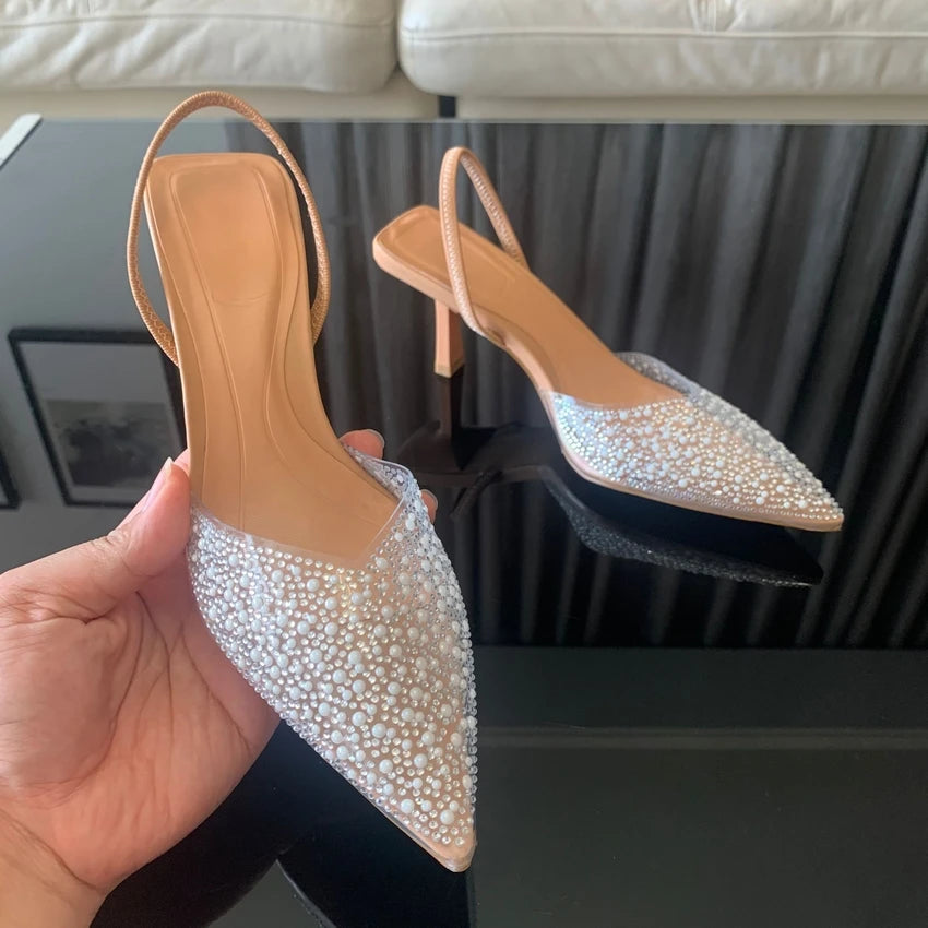 Women High Heels Slingback Pumps with Pearl Decoration