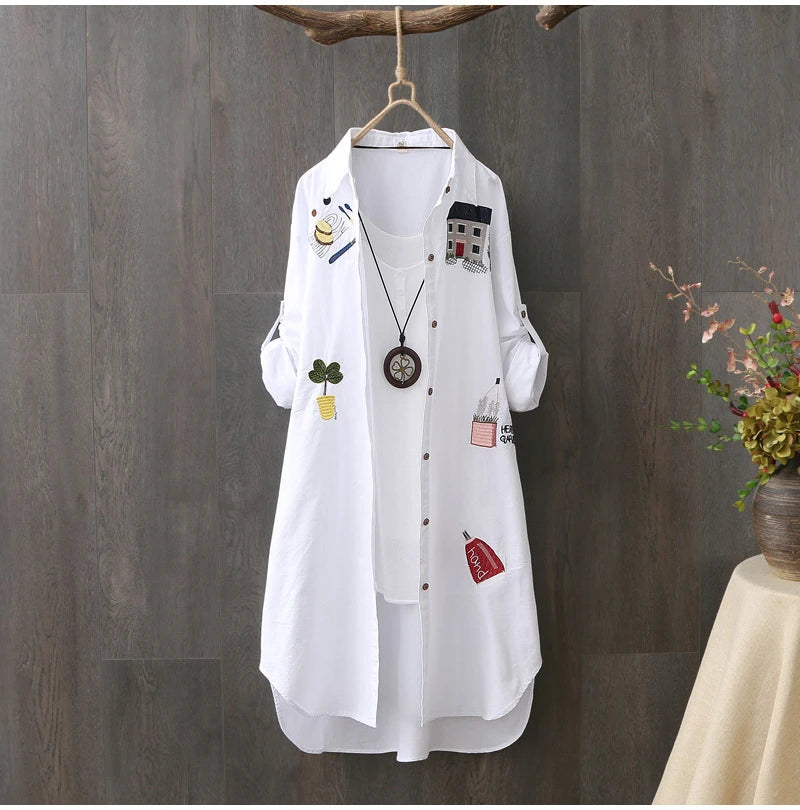 Women’s Loose White Cotton Embroidery Blouse