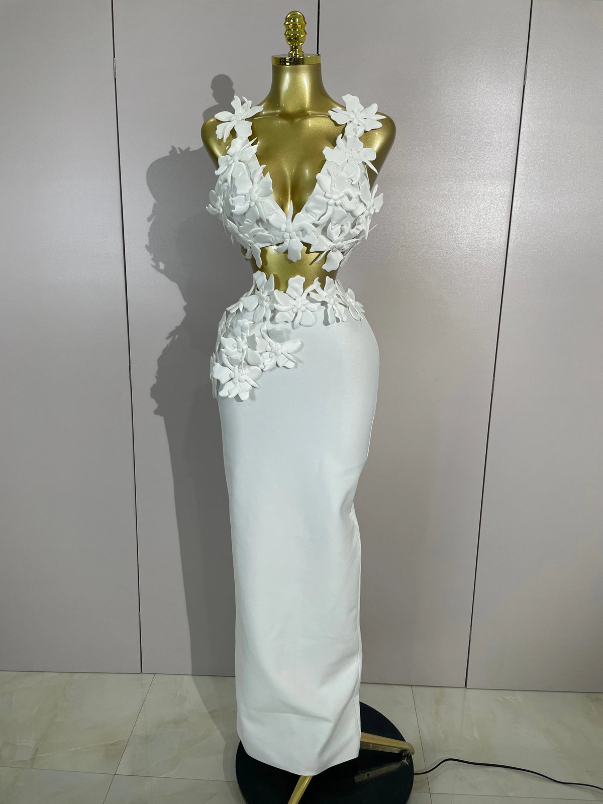 Women White Flowers V-Neck Bodycon Dress Set