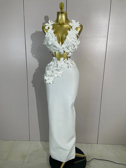 Women White Flowers V-Neck Bodycon Dress Set