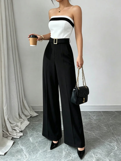 Women's Black White Square Neck Jumpsuit Polyester