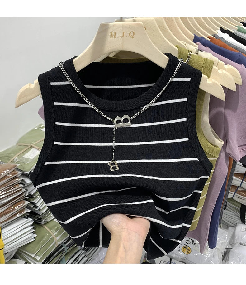 Striped Knit Sleeveless Waistcoat for Women