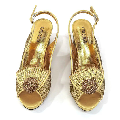Golden Wedding Shoes And Bag Set With Diamond Decoration