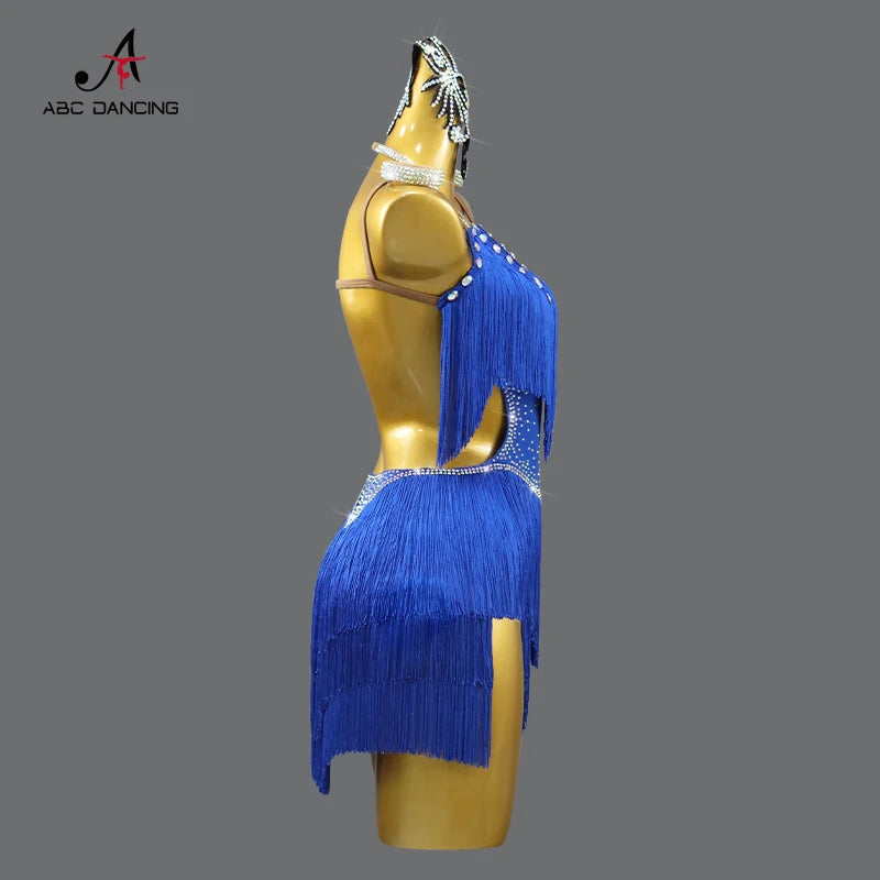 Latin Performance Dance Dress Women Blue Fringe Skirt