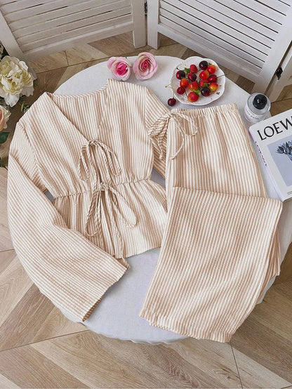 Women Striped V Neck Lace Up Blouse and Wide Leg Pants Set
