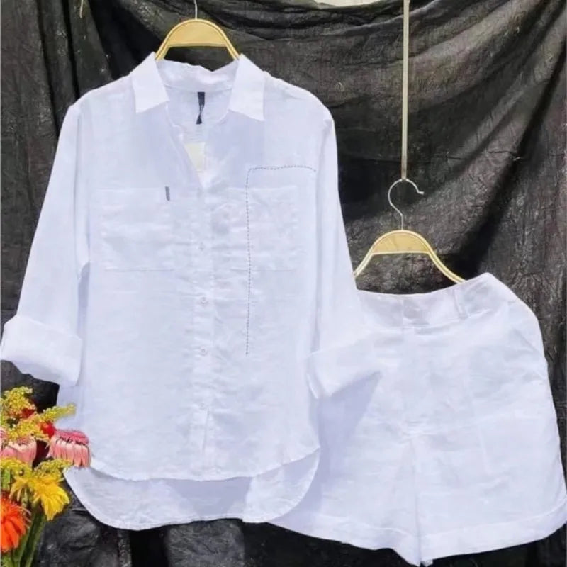 Cotton Linen Casual White Shirt and Shorts Set