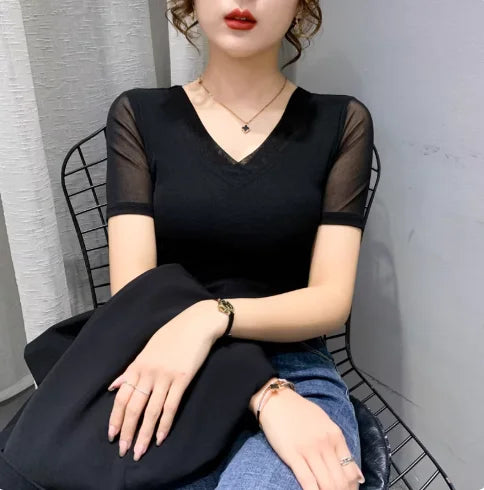 Women Slim Fit Long Sleeve Mesh T-Shirt